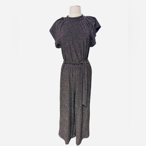 Nine West Black Metallic Sparkle Flutter Sleeve Belted Cropped Jumpsuit size M - Picture 2 of 9